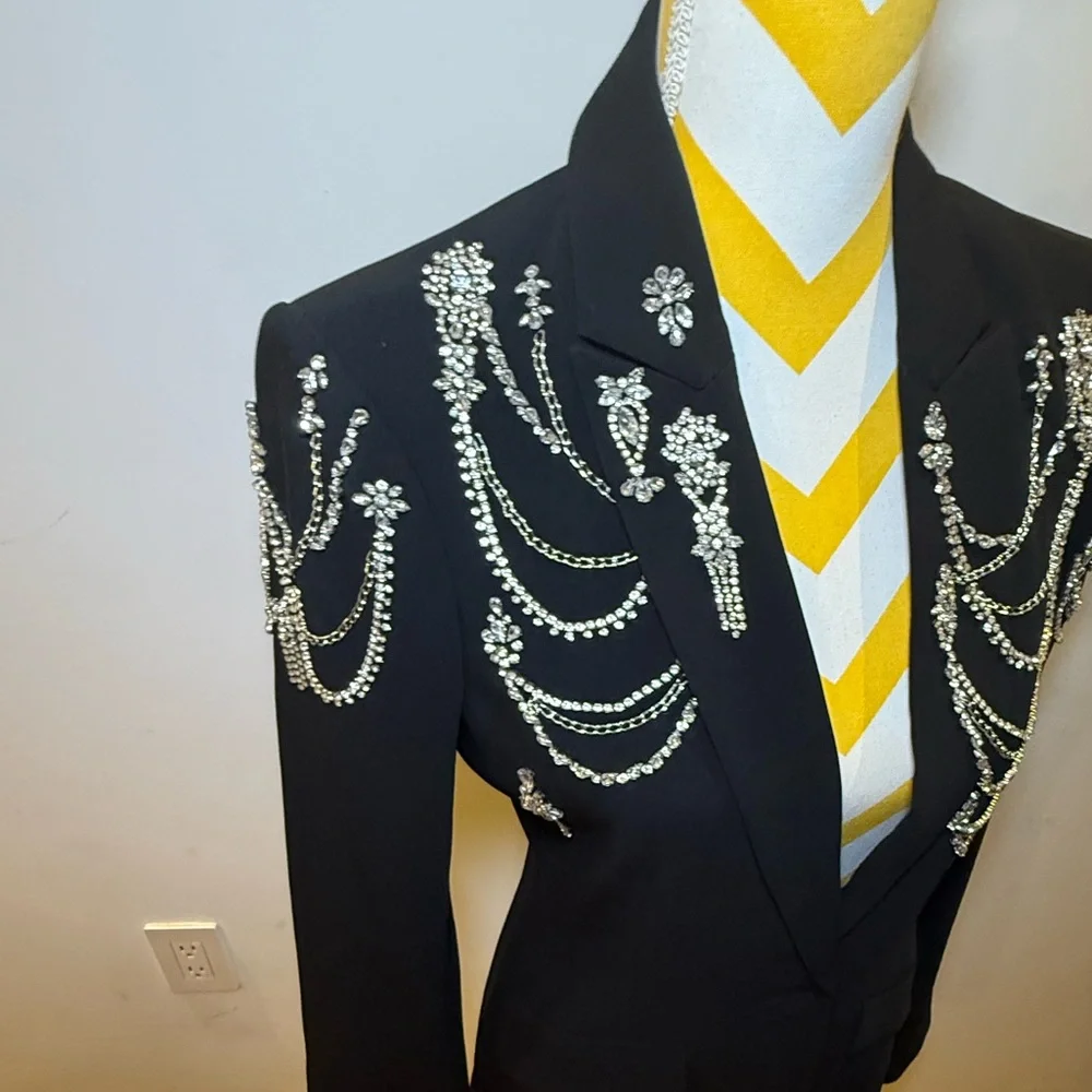 Cinq à Sept Cheyenne Rhinestone-Chain Crepe Black Blazer - Picture 7 of 7